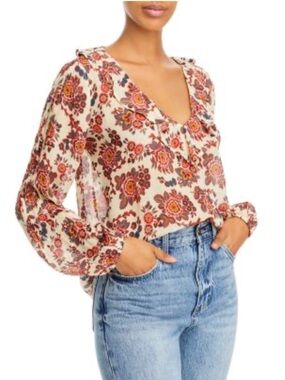 PAIGE Serene 100% Silk Floral Blouse with Pink and Brown Bouquet Print